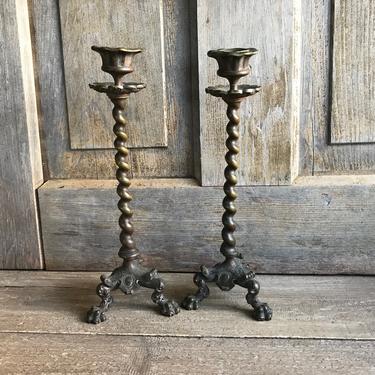 19th C French Bronze Candlestick, Barley Twist, Claw Foot, Chateau Decor, Damages 