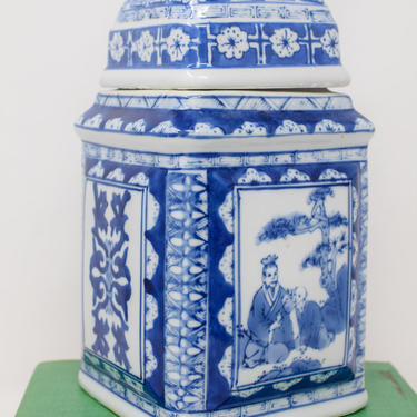 Square Blue and White Asian Ceramic Jar / Ginger Jar 