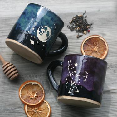 Space Mug, Full Moon & Stars + Orion Constellation Engraved Blue or Purple 