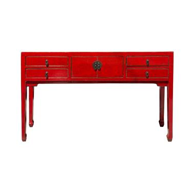 Chinese Oriental Rustic Red Lacquer Drawers Slim Foyer Side Table cs6142E 