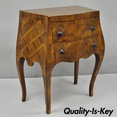 Italian Burl Olive Wood Parquetry Inlay Bombe Small Commode Nightstand End Table