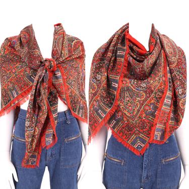70s LIBERTY wool scarf shawl / vintage 1970s HUGE Liberty London paisley wool challis fringed wrap 50 x 50 