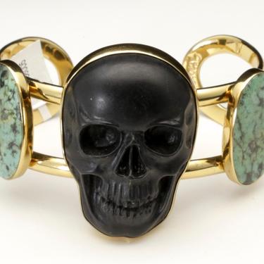 Charles Albert Alchemia Gold Obsidian Skull Chrysocolla Cuff Bracelet Signed 