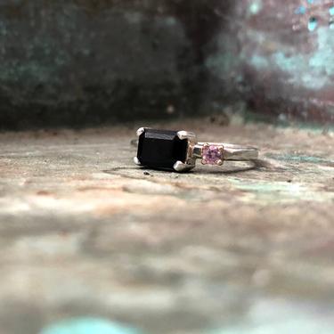 Vintage Emerald Cut Black Onyx with Pink CZ in Sterling and 14k Gold Setting Handmade 