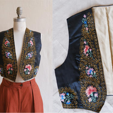 Vintage 50s Embroidered Satin Vest/ 1940s 1950s Cropped Black Silky Vest with Soutache Rhinestones Beading/ Small 