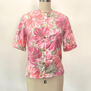 Vintage 1950s Blouse 50s Cotton Floral Shirt Top Size 6 