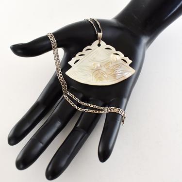 60's carved leaves MOP blister pearl 925 silver fan pendant, unusual Mother of Pearl sterling mariner chain boho necklace 