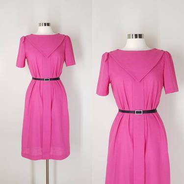 1970s Pink Shift Dress, Medium ~ Linen Look Bib Front Sheath Dress ~ Free Bust with Midi Skirt ~ 60s Style Mod Spring Cocktail Party Dress 