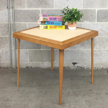 Vintage Stakmore Table Retro 1960s Mid Century Modern + Card or Folding Table + Tan Wood and White Vinyl + Game Room + Home Decor 