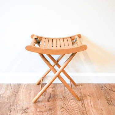 Vintage Solid Wood Curved Seat Folding Stool 