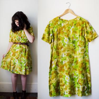 Vintage 60s Yellow Silk Floral Short Sleeve Shift Dress Large 