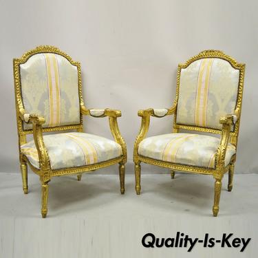 Vintage French Louis XVI Gold Giltwood Upholstered Lounge Chairs (A) - a Pair