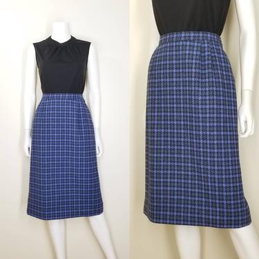 Vintage Pendleton Wool Skirt, Small Medium / Blue Houndstooth Plaid Skirt / Pencil Skirt 30&quot; Waist / Straight Midi Office Skirt with Pockets 