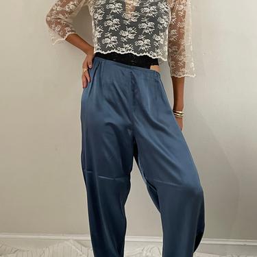 90s silk charmeuse pants / vintage ocean blue liquid silk charmeuse wide leg easy pants | L XL 