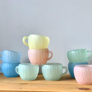Vintage Pastel Frosted Satin Glass Teacups, set of 9 