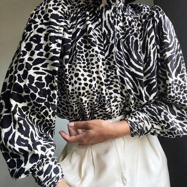vintage pure silk puff sleeve statement abstract minimal animal wild print blouse 