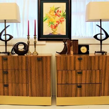 Mid Century Modern, Zebra wood and brass chests of drawers (pair) 
