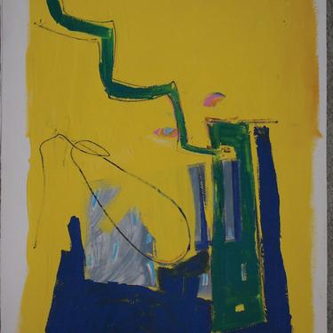 Original Vintage R. TIMPANO ABSTRACT Expressionist PAINTING 30x22&quot; Oil / Paper, Mid-Century Modern Art yellow blue green eames knoll era 