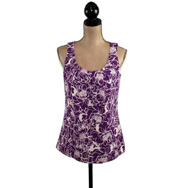 Purple &amp; White Floral Sleeveless Blouse, Summer Top Women XS Small, Silky Scoop Neck Tank 2000s Clothes Y2K Vintage Clothing Banana Republic 