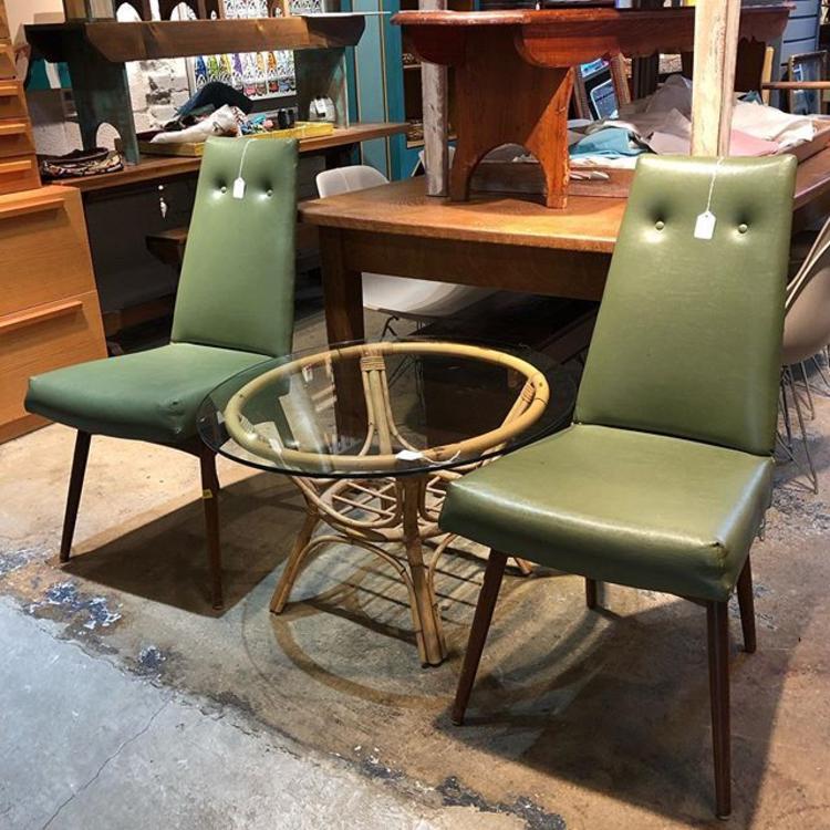                   Green Vinyl MCM Chairs $30 each! Bamboo Table $55!