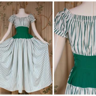 1940s Dress - The Ballyclare Gown -  Gorgeous c. 1945 Vintage Cotton Summer Dress Striped Kelly Green and White with Wide Neckline 