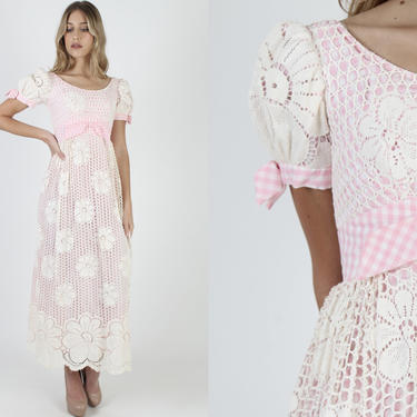 Pink White Gingham Crochet Maxi Dress Vintage 60s Ivory Checker Floral Scallop Country Picnic Puff Sleeve Long Dress  