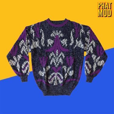 Rad Vintage 80s 90s Black Purple White Baroque Style Patterned Men's Sweater 
