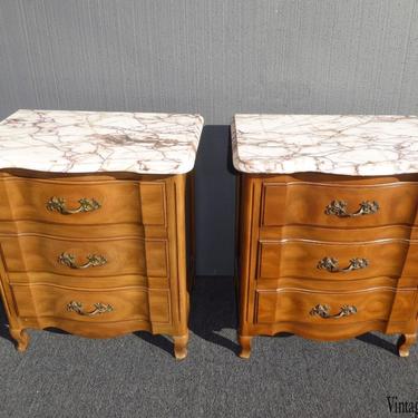 Pair Vintage French Provincial Marble Top John Widdicomb Nightstands with Brass Handles 