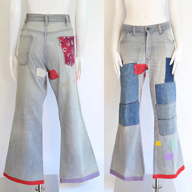 60s LEVIS denim patched jeans bells sz 37 / vintage 1960s 1970s  hippy patchwork bell bottoms pants large 