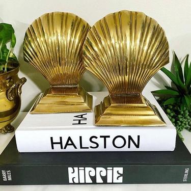 Vintage Brass Seashell Bookends, large size 