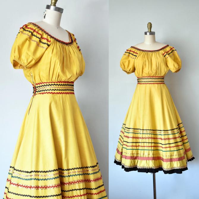 Tamarack 1940s 1950s cotton patio dress, puff sleeve southwest mexican dress, full skirt 