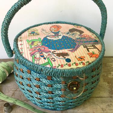 Vintage Sewing Basket, Kitch Mom And Daughters With Cats And Bird, 3 Sisters Sewing Knitting Basket, Made In Japan, Crafty Family 