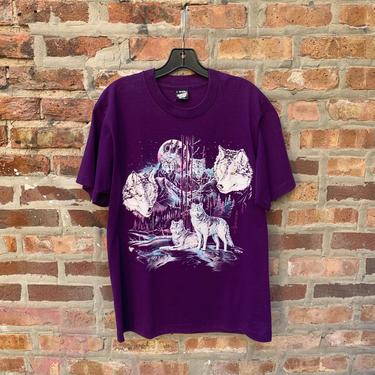 Vintage 90s Rag Tops Wolves and Moon puffy print purple T-Shirt Size Large Screen Stars 50/50 single stitch wolf tee 