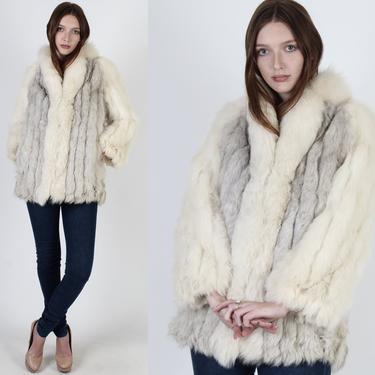 Vintage 80s Chubby Fox Fur Pockets Coat / 1980s Large Fur Shawl Collar Real Fur / Arctic Ivory Corded Plush Ski Jacket 