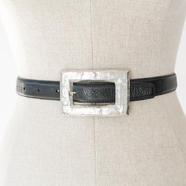 Vintage 80s Norma Kamali Black Adjustable Skinny Belt w/ Cast Silver Rectangle Buckle | Made in USA | 100% Genuine Leather | 1980s OMO Belt 