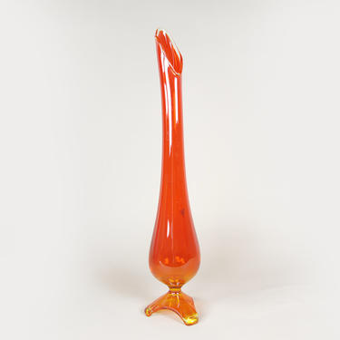 Vintage mcm tall orange stretched art glass vase 