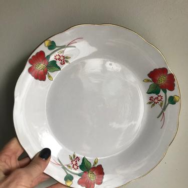 White Porcelain Plate with Red Flower and Gold Trim 