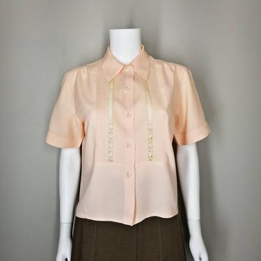 Vintage 40s Peach Blouse, Medium / 1940s Rayon Dress Blouse / Short Sleeve Button Blouse / Topstitched Lace Insert Blouse / Square Cut Top 