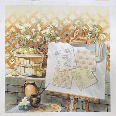 Item #LM3 Vintage Original Watercolor Illustration Apples, Gardenias & Trellis 20th c.