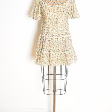 vintage 70s dress cream ditsy floral calico kinderwhore cottagecore prairie babydoll lolita smocked clothing XS 