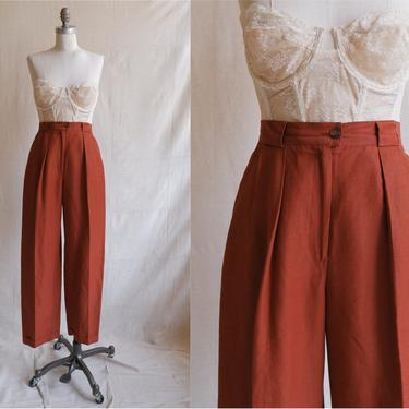 Vintage 80s Rust Trousers/ 1980s High Waisted Pleated Pants/ Linen Rayon Blend/ Size Small 26 