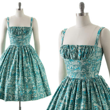 Vintage 1950s Sundress | 50s Hawaiian Tiki Printed Cotton Gathered Shelf Bust Full Skirt Spaghetti Strap Fit and Flare Day Dress (small) 