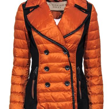 Burberry Brit - Orange Goose Down Puffer Double Breasted Jacket w/ Leather Trim Sz S
