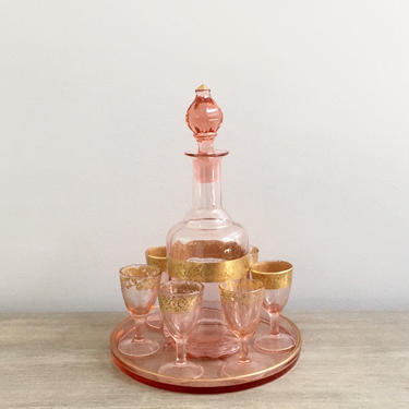 Pink Depression Glass Decanter Set Aperitif Liqueur Glasses Gold Trim Boho 1930s French Apartment Barware 