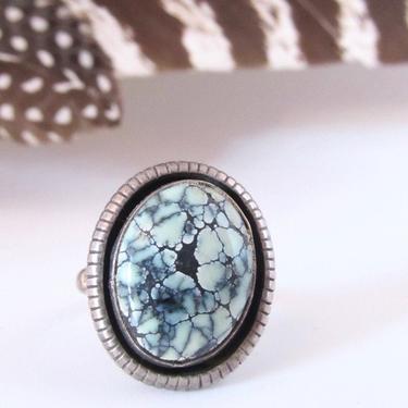 WILLIAM G JOHNSON Navajo Silver and Lander Spiderweb Turquoise Ring | Vintage 70s 1970s Large Statement Native American Jewelry, Size 10 1/4 