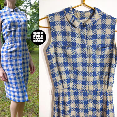 Sexy &amp; Comfy Vintage 60s Blue and Beige Plaid Hourglass Day Dress 