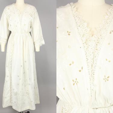 1910s Cotton Eyelet Lawn Dress · Vintage 10s White Dress with Lace Trim · Medium 