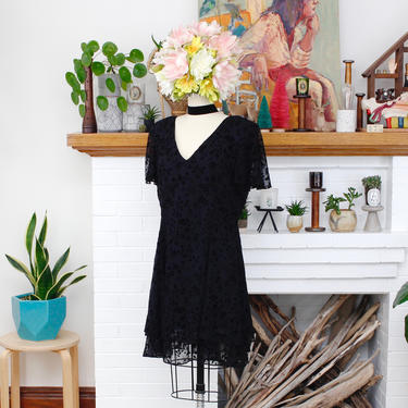 Vintage 1990s Floral Party Dress - Flutter Sleeve Black Flocked Velvet Dress - L 