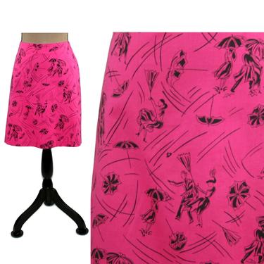 Hot Pink Skirt Short Mini Cotton Novelty Print People Umbrellas Couples in the Rain Vintage Clothing Women Large 