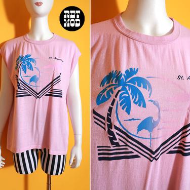 Cute Vintage 70s 80s Pink St. Augustine Palm Tree & Flamingo T-Shirt Top 